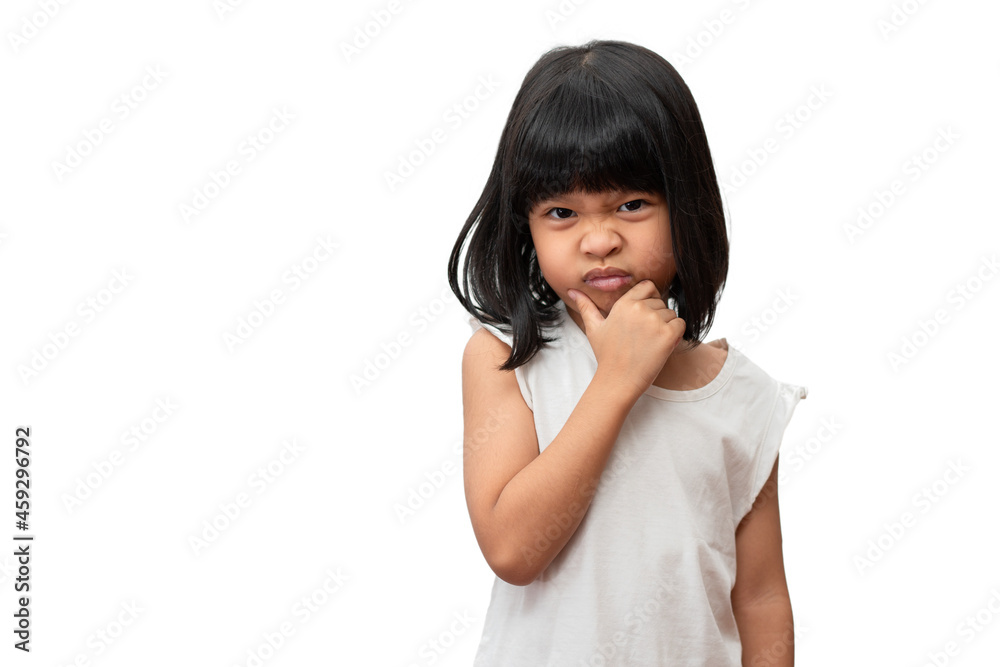 Portrait of Asian angry and sad little girl on white isolated background, The emotion of a child when tantrum and mad, expression grumpy emotion. Kid emotional control concept Portrait of Asian angry and sad little girl on white isolated background, The emotion of a child when tantrum and mad, expression grumpy emotion. Kid emotional control concept