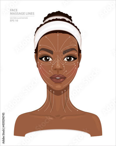 How to Do Lymphatic Drainage Massage. Face Massage Lines. Beautiful African American Woman Isolated on White Background. Model for Facial Beauty Treatment. Skin Care Concept. Vector Illustration