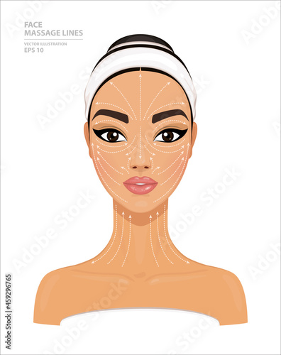 How to Do Lymphatic Drainage Massage. Face Massage Lines. Beautiful Arabic Woman Isolated on White Background. East Model for Facial Beauty Treatment. Skin Care Concept. Vector Illustration