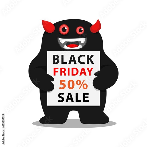 monster character holding a board of black friday sale vector illustration