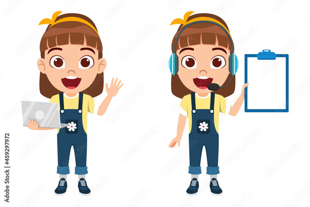 Happy cute kid girl character wearing head set microphone headphone and mask isolated and holding clipboard Happy cute kid girl character wearing head set microphone headphone and mask isolated and holding clipboard