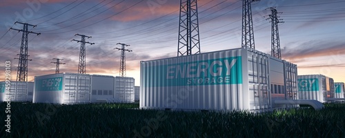 Renewable energy storage. Containers with high tension towers. 