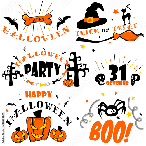 Set of icons for Halloween. Design elements for the holiday in orange and black colors
