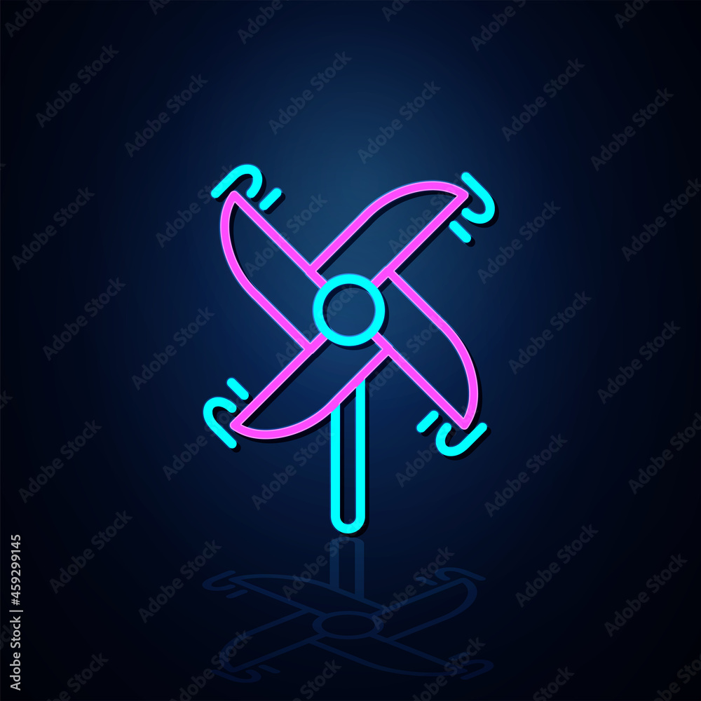 Light neon windmill hand toy icon looks clear. Neon windmill hand line icon Fun and play light icon. Children's toy. symbol. Neon line. Light neon windmill hand toy icon looks clear. Neon windmill hand line icon Fun and play light icon. Children's toy. symbol. Neon line.