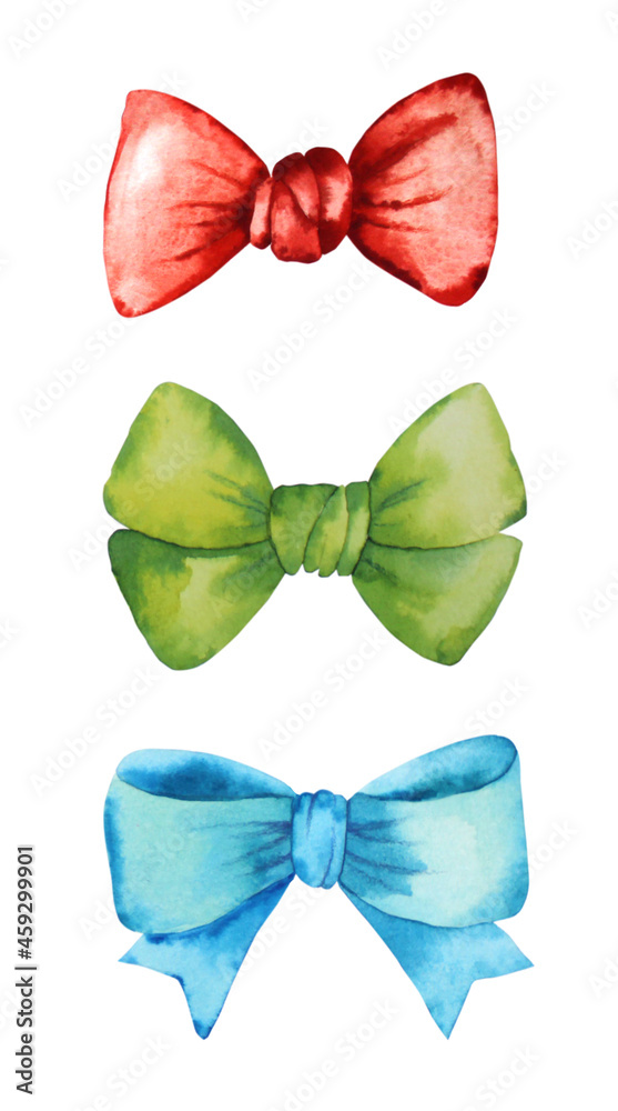 Multi-colored bows for a gift. Watercolor drawing.