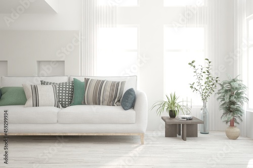 White living room with sofa. Scandinavian interior design. 3D illustration