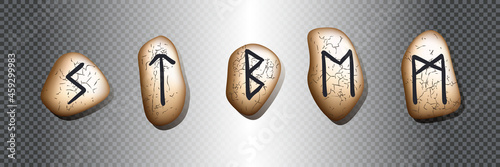 Set of five rune symbols. Runic alphabet, Futhark. Ancient norse occult symbols, black vikings letters carved in stone, rune font. Runic magical talismans northern peoples. Vector illustration