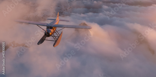 Seaplane flying around the clouds and mountains. Dramatic Sunset. 3d Rendering Airplane. Aerial Background from British Columbia, Canada.