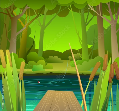 Bank of river,lake in summer forest. Beautiful natural wild landscape. Place for recreation and fishing. Pier and fishing rod. Water flow with waves and reflection. Background illustration vector