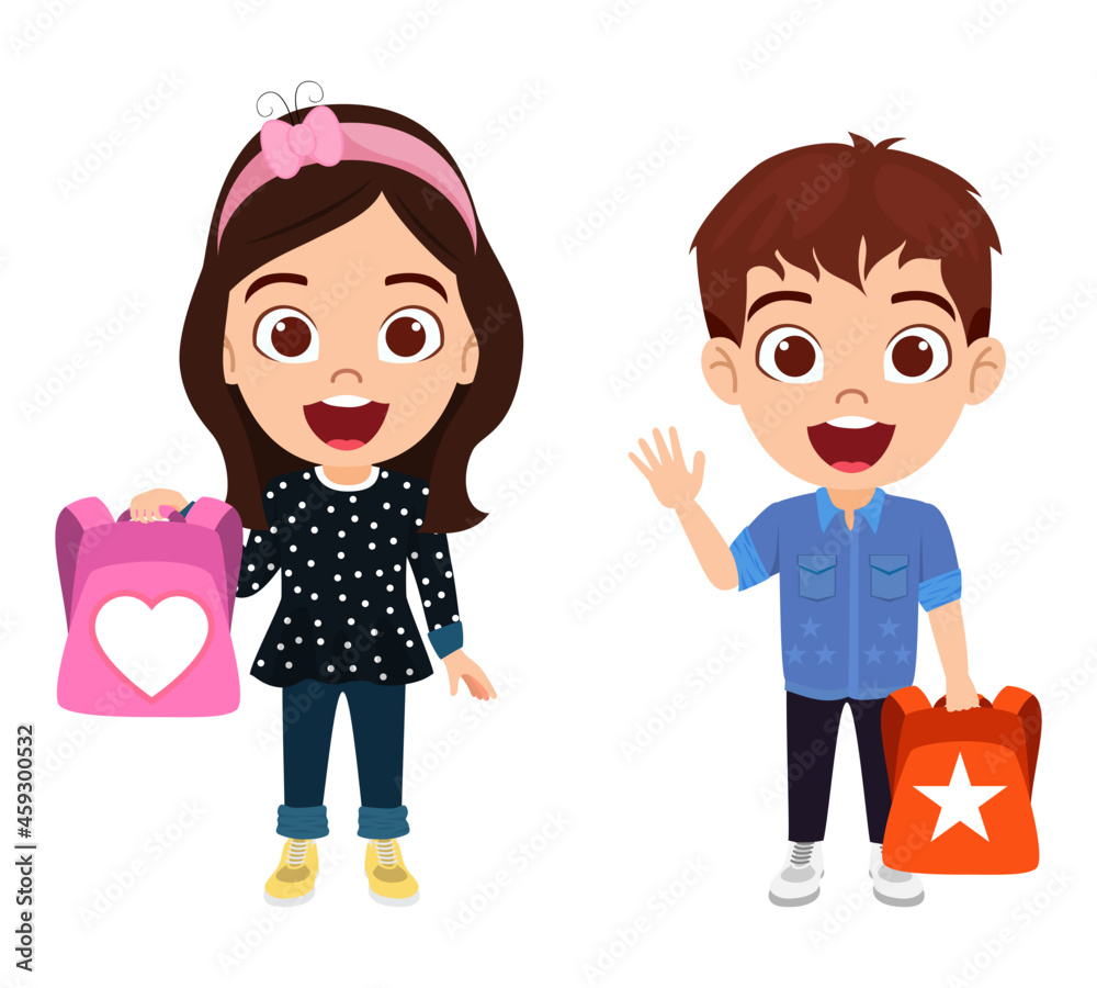 Happy cute kid boy and girl characters holding and wearing schoolbag isolated on white background Happy cute kid boy and girl characters holding and wearing schoolbag isolated on white background