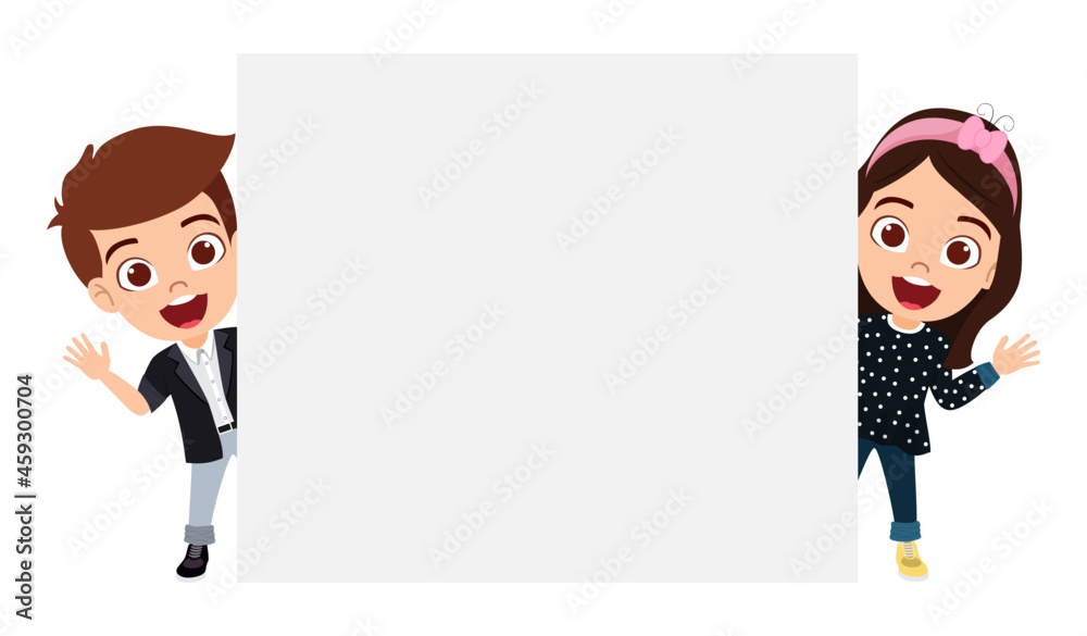 Happy cute kid boy and girl characters holding blank placard isolated and pointing to from behind Happy cute kid boy and girl characters holding blank placard isolated and pointing to from behind