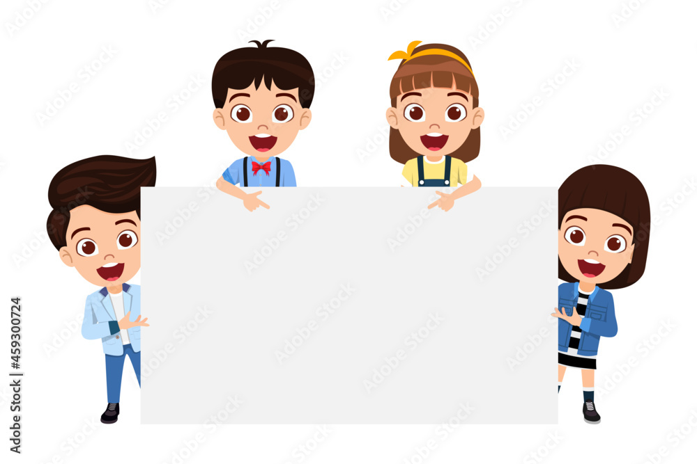 Happy cute kid boy and girl characters set holding blank book isolated and pointing to Happy cute kid boy and girl characters set holding blank book isolated and pointing to