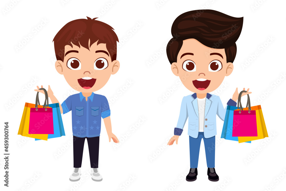 Happy cute kid boy characters holding shopping bags isolated in different size Happy cute kid boy characters holding shopping bags isolated in different size