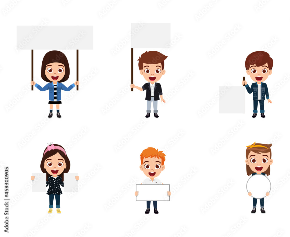 Happy cute kid boy and girl characters holding placard isolated in different size