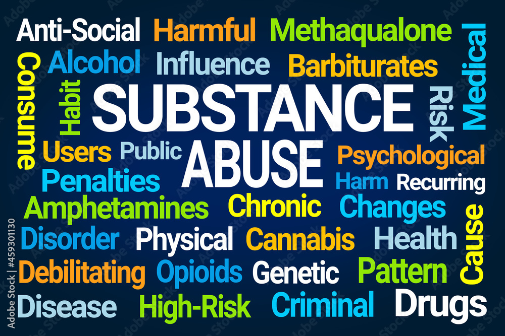 Substance Abuse Word Cloud on Blue Background Substance Abuse Word Cloud on Blue Background