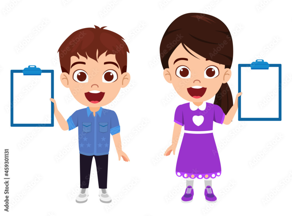 Happy cute kid boy and girl characters holding clipboard isolated
