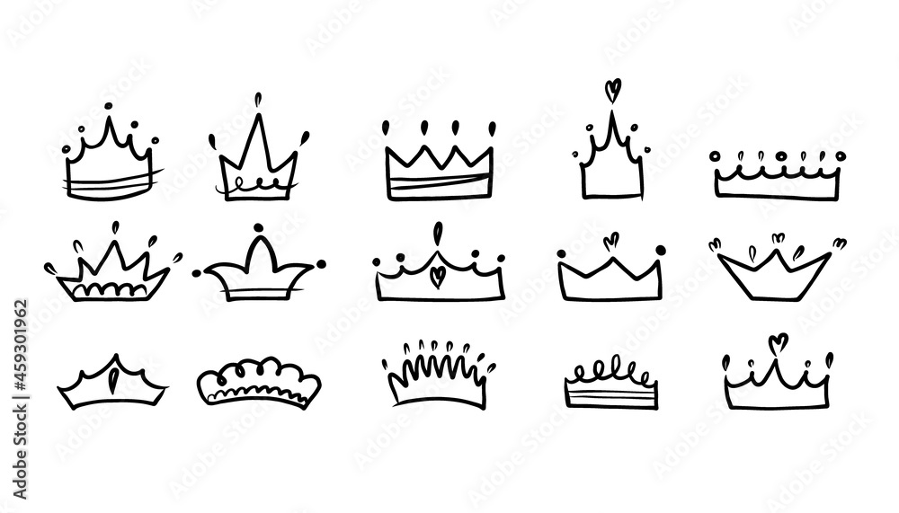 Crown set. Hand drawn king and queen, prince and princess head accessory, ink drawing logo, emblem or badge template, doodle black collection, luxury royal symbol, vector isolated illustration
