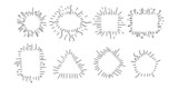 Hand drawn decorative starburst frame set. Outline shining star with geometric frames and copy space. Minimal explosion firework. Contour line sketch of radial sunbeams. Vector isolated template