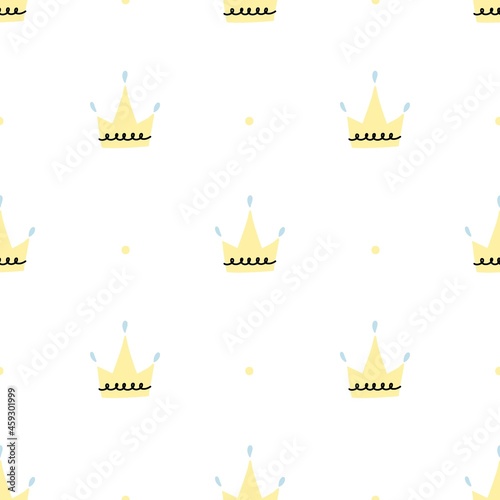 Crown seamless pattern. Hand drawn king and queen, prince and princess head accessory, cartoon cute kids print or poster design element, yellow decor textile, wrapping paper wallpaper vector print