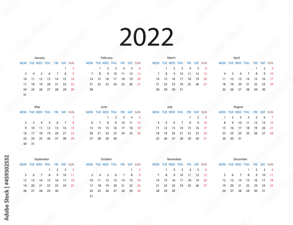 2022 year, calendar. Vector illustration. Weeks start on Monday. 2022 year, calendar. Vector illustration. Weeks start on Monday.
