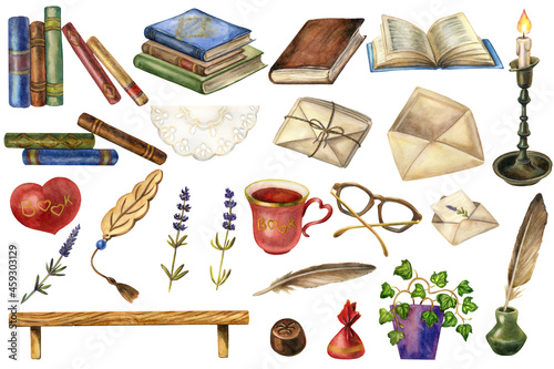 Set of watercolor clipart, Vintage books and writing instruments.