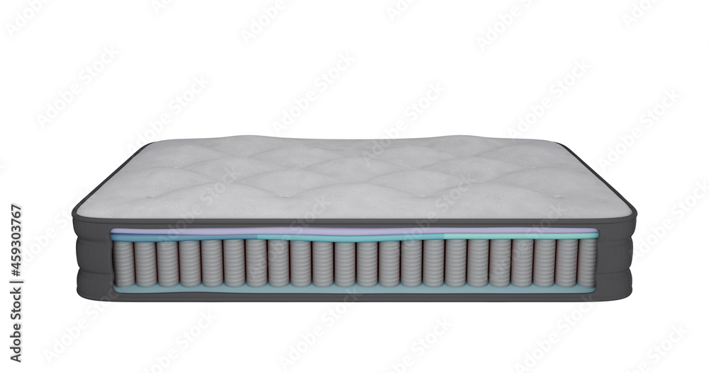 3d illustration rendering of the inner part of the mattress composition with foam layers, spring block, polyurethane foam layer, inserts, rectangular section on the front side of the cover 3d illustration rendering of the inner part of the mattress composition with foam layers, spring block, polyurethane foam layer, inserts, rectangular section on the front side of the cover