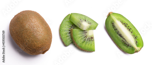 Kiwi and slices of ripe juicy kiwi isolated on white background. View from above.