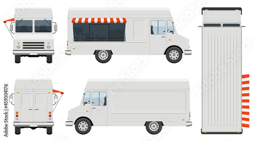 Food truck vector template with simple colors without gradients and effects. View from side, front, back, and top