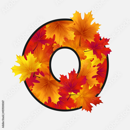 The number zero, 0 with red, yellow, orange maple leaves with black border isolated on white background. Vector Holiday illustration for postcard, banner, cards, web, design, advertising.