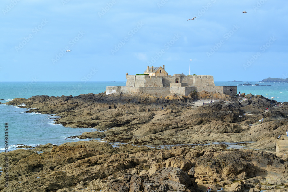 Seagulls flying over Fort National, Saint-Malo.