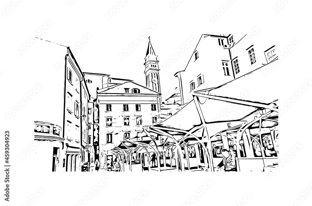 Building view with landmark of Koper is a port city in Slovenia. Hand drawn sketch illustration in vector.