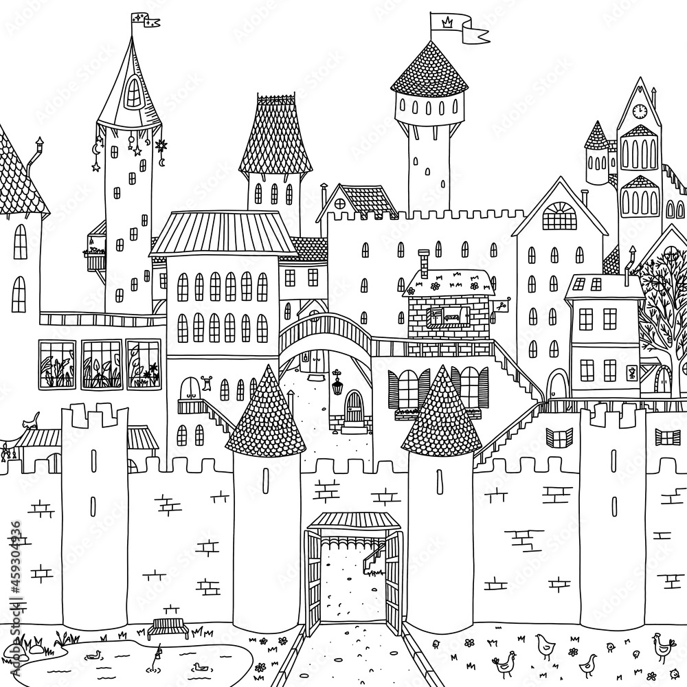 Castle coloring page: cute drawn detailed cartoon houses 