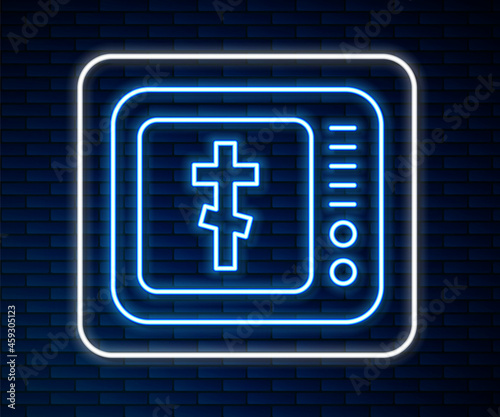 Glowing neon line Online church pastor preaching video streaming icon isolated on brick wall background. Online church of Jesus Christ. Vector