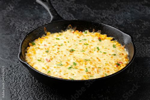 Korean Corn Cheese in cast iron skillet frying pan