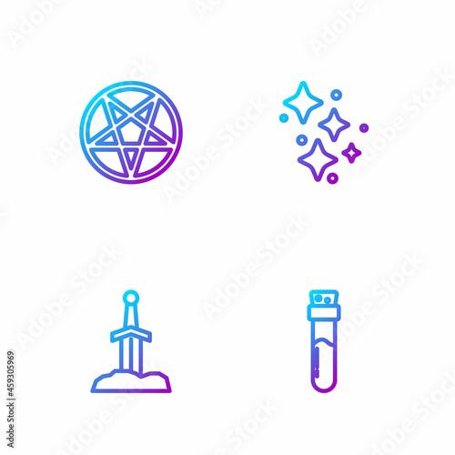 Set line Bottle with potion, Sword in the stone, Pentagram a circle and Sparkle stars magic. Gradient color icons. Vector