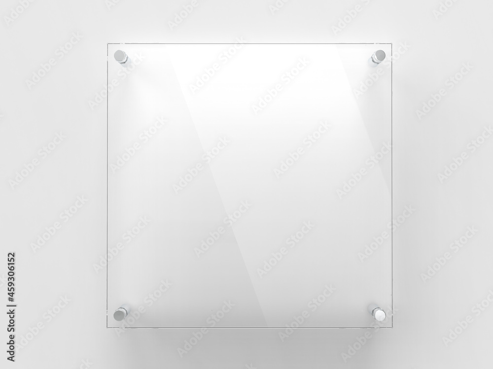 Blank square transparent glass office corporate Signage plate Mock Up Template, Clear Printing Board For Branding, Logo. Transparent acrylic advertising signboard mockup front view. 3D rendering - obrazy, fototapety, plakaty 