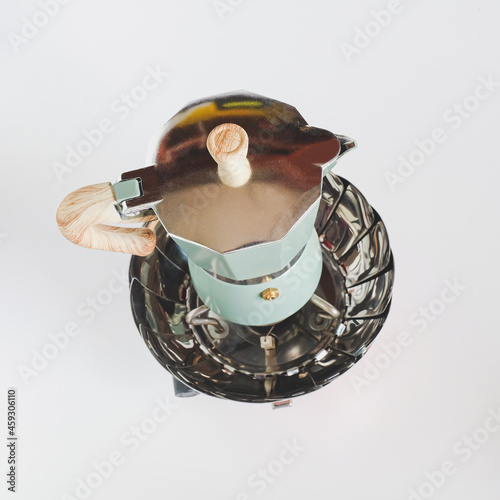 Coffee maker Moka pot home made hot coffee with camping stove.