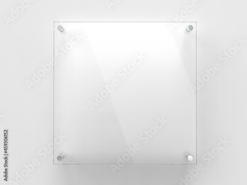 Blank square transparent glass office corporate Signage plate Mock Up Template, Clear Printing Board For Branding, Logo. Transparent acrylic advertising signboard mockup front view. 3D rendering photo