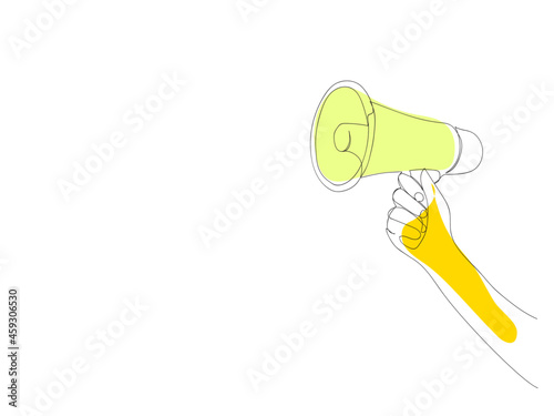 line art or One Line Drawing of Close up  hold in hand bullhorn. Hot news, announce discounts sale, hurry up, communication concept.Advertising area, mock up. minimalist,