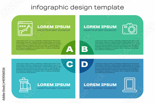 Set line Camera roll cartridge, Histogram graph photography, Makeup mirror with lights and Photo camera. Business infographic template. Vector