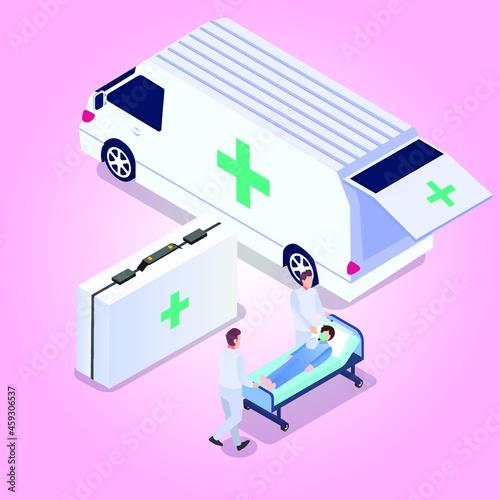 Paramedics taking patient to an ambulance 3d isometric vector illustration concept for banner, website, landing page, ads, flyer