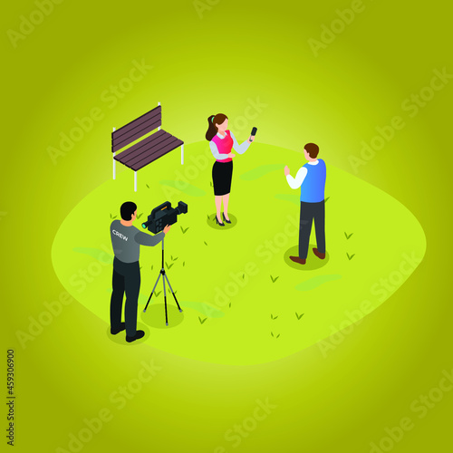 Reporter interviewing a man on park 3d isometric vector illustration concept for banner, website, landing page, ads, flyer