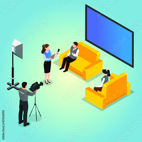 Talkshow production in a studio 3d isometric vector illustration concept for banner, website, landing page, ads, flyer