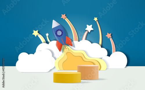 3d render podium with space shuttle concept background for kids or baby product display.