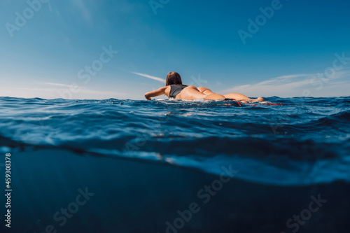 Surf girl swimming on surfboard. Surfer woman in ocean and sunny day