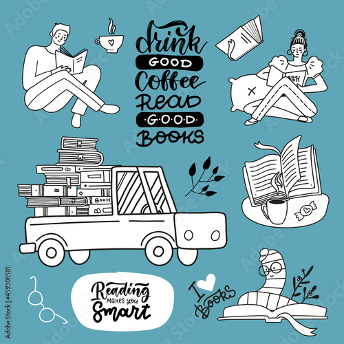 Set of hand drawn books in hand drawn doodle style. Collectiob of male and wemale readers, truck with book stack, bookworm and lettering quotes. Linear vector illustration