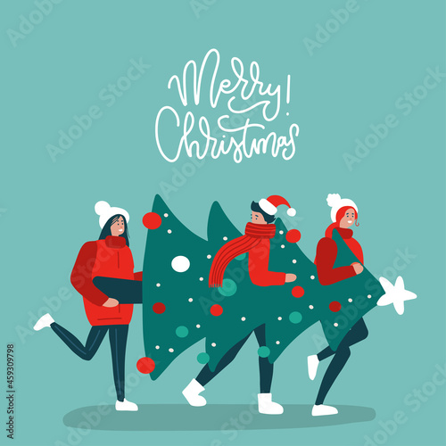 Happy tree friends carrying christmas tree. Preparing for holidays concept. Greeting card with linear lettering. Vector flat hand drawn illustration