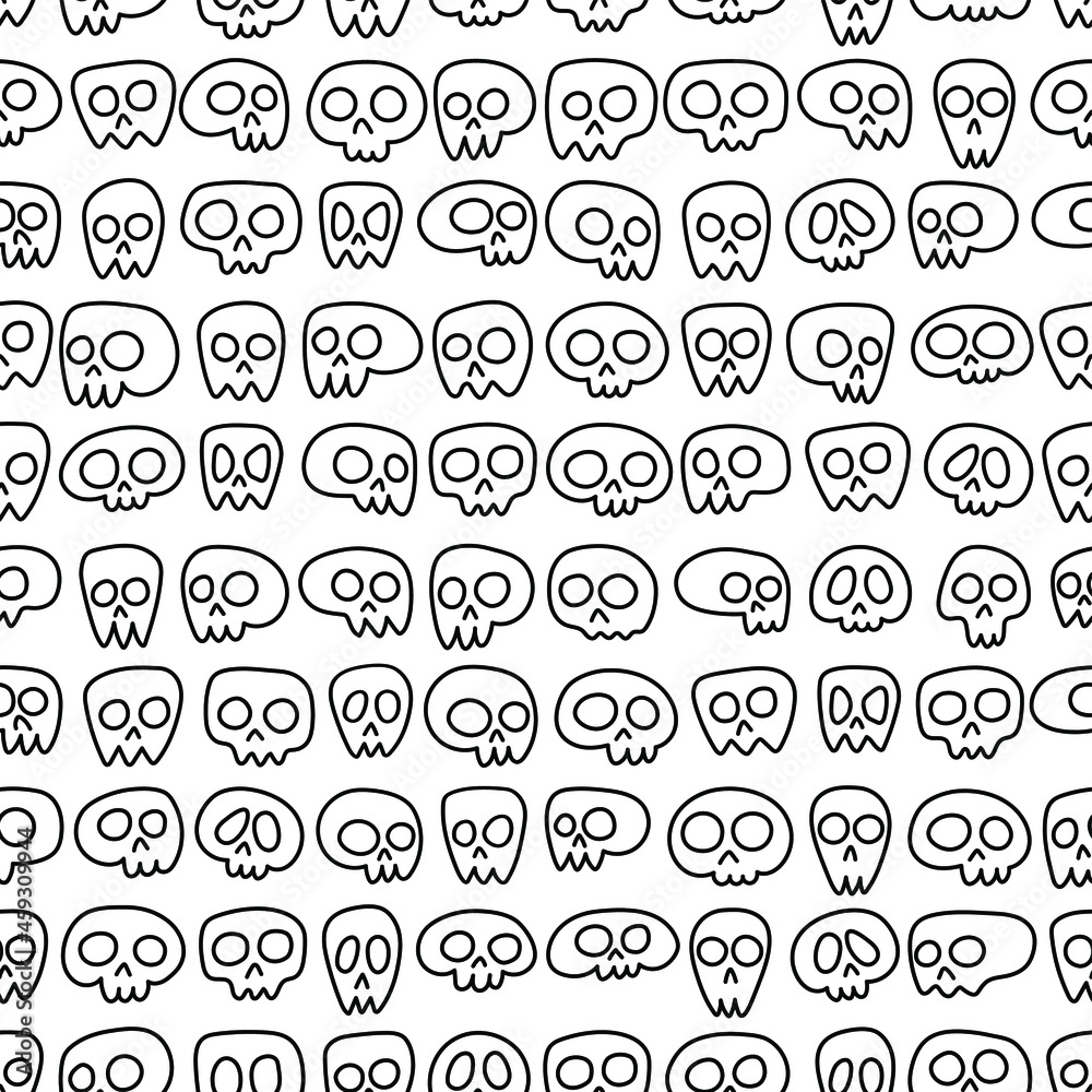 vector minimalist seamless pattern of linear funny hand drawn human skulls in doodle style isolated on white background. useful for Halloween, backgrounds, prints, postcards, decoration elements