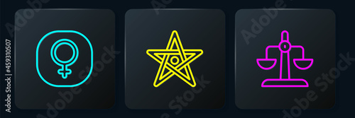 Set line Venus, Libra zodiac and Pentagram. Black square button. Vector