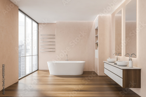 On trend panoramic bathroom with pink concrete walls